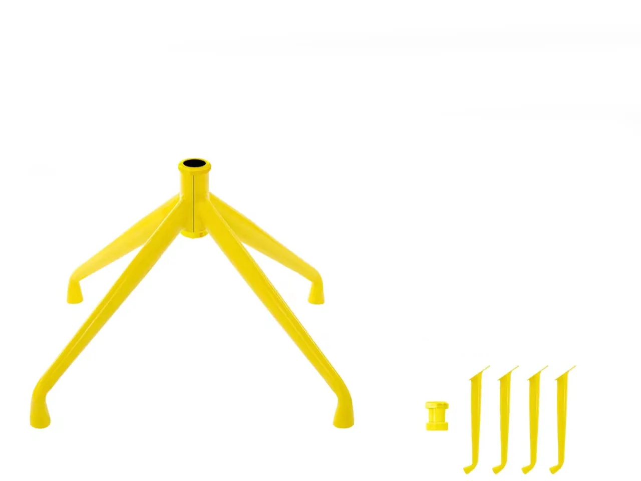 Exploded view of a knock-down five-star chair foot — hub and five detachable arms shown separated