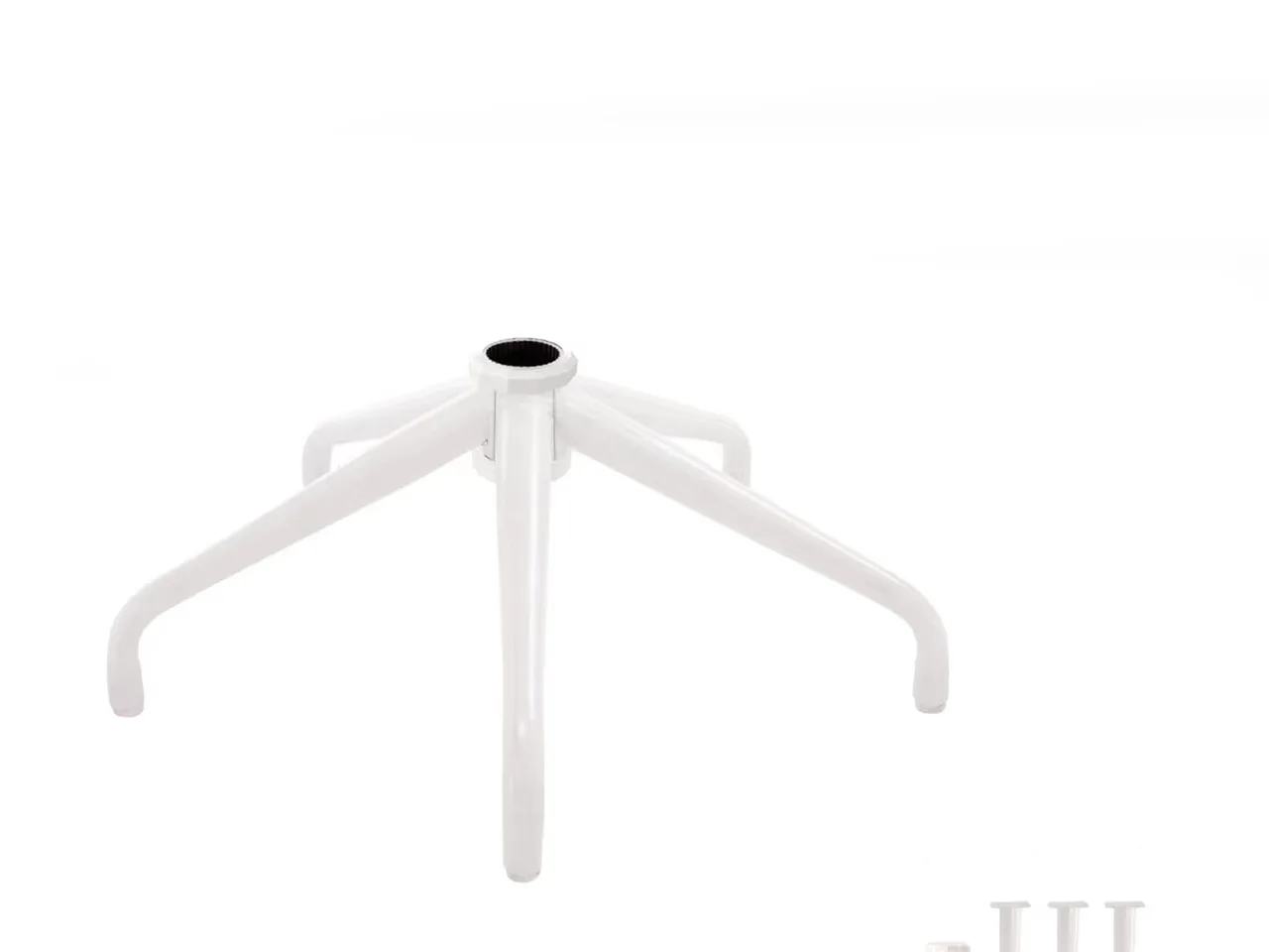 White knock-down chair foot with its five detachable arms laid out beside the hub
